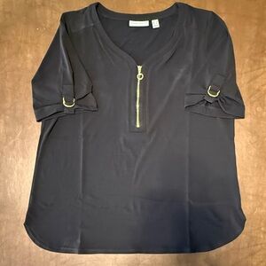 Susan Graver Women’s V-Neck Short Sleeved Black Zippered Blouse, Size L